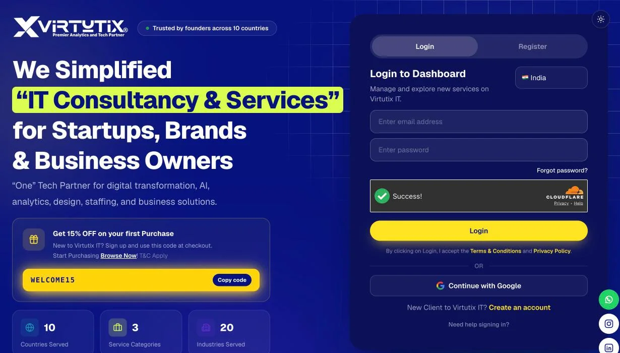 The Virtutix app home page with the login and register card