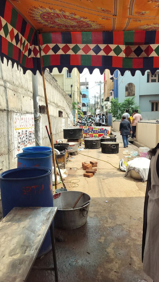 The open-air kitchen set up for Annadanam
