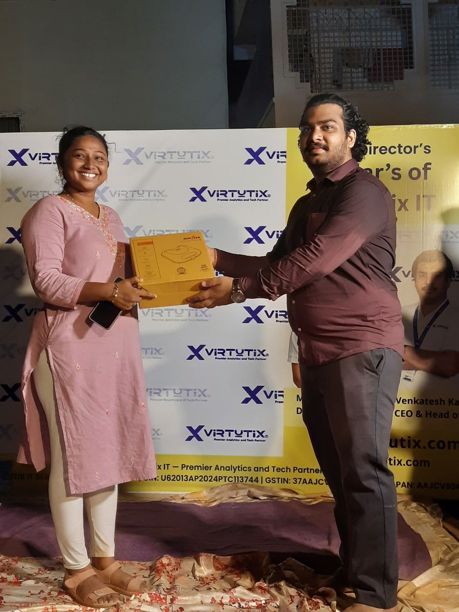 A participant receiving a gift from a volunteer